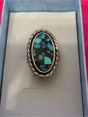 Sterling Silver Turquoise Inlay Oval Ring - Blue Green size 7